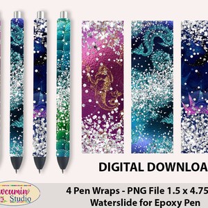 Pen Wraps Mermaid, Metallics Mermaid Glitters Patterns, waterslide epoxy pen wraps, 300 DPI, 4 PNG Files on individual and on full sheet