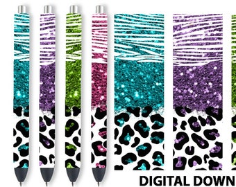 May include: Four pen wraps with colorful designs. Each wrap features a combination of glitter, animal print, and zebra stripes. The text "DIGITAL DOWNLOAD ONLY" is visible. The wraps are 1.5 x 4.75 inches.