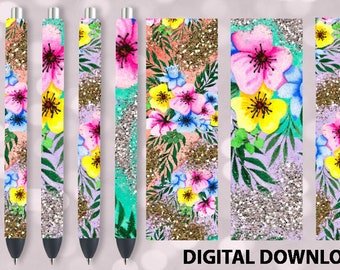 Pen Wraps Pansies floral patterns glitter design, waterslide epoxy pen wraps, 300 DPI, 4 PNG Files on individual and on full sheet
