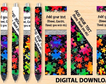 4 Pen Wraps Autism Awareness, Add text Name Pattern Design, waterslide epoxy pen wraps, 300 DPI, 4 PNG Files on individual and on full sheet