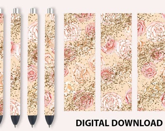 Pen Wraps Pink Roses Glitters patterns, waterslide epoxy pen wraps, 300 DPI, 4 PNG Files on individual and on full sheet