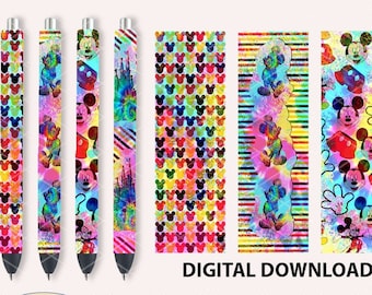Pen wrap Inspires Mickey Mouse Distress Rainbow Color Pattern, waterslide epoxy pen wrap, 4 PNG Files on individual & on full sheet, 300 Dpi