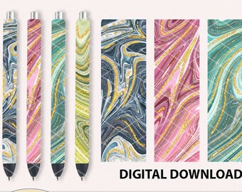 Op de afbeelding: Vier digitale pen wraps met een marmer- en gouden glitterontwerp. De wraps zijn 1,5 bij 4,75 inch en zijn ontworpen voor epoxy pennen.