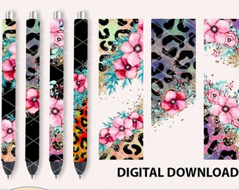 4 Pen Wraps Clear Background Leopard Pink Flowers pattern, waterslide epoxy pen wraps, 300 DPI, 4 PNG Files on individual and on full sheet