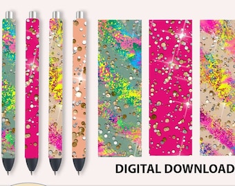 Op de afbeelding: Vier digitale pen wraps met een confetti-ontwerp. De ontwerpen omvatten roze, perzik en groen met gouden glitter. De pen wraps zijn 1,5 x 4,75 inch en zijn waterslide-decals voor epoxy-pennen. ALLEEN DIGITALE DOWNLOAD.