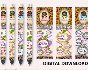 Pen wraps Teacher Life Apple Glitter patterns design, waterslide epoxy pen wraps, 300 DPI, 4 PNG Files on individual and on full sheet