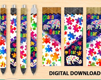 4 Pen Wraps Autism Mama Papa Bear Color Pattern Designs, waterslide epoxy pen wraps, 300 DPI, 4 PNG Files on individual and on full sheet