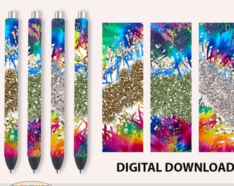 Op de afbeelding: Vier pen wraps met kleurrijke abstracte ontwerpen. De wraps hebben een mix van levendige kleuren, waaronder blauw, groen, geel en roze, met glitteraccenten. De tekst "DIGITAL DOWNLOAD ONLY" is zichtbaar. Het PNG-bestand meet 3,8 x 12,1 cm.
