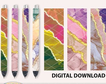 Op de afbeelding: Set van vier digitale penomslagen met abstracte agaatontwerpen en gouden accenten. De omslagen zijn 1,5 bij 4,75 inch en zijn ontworpen voor watertransfertoepassing op epoxyhars pennen.