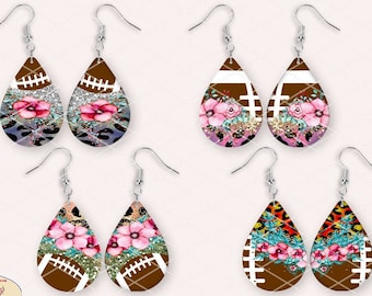 Teardrop Sublimation 4 Pairs Earrings Bundle, Football Leopard Flower Patterns Designs, 300 DPI, 4 PNG Files on individual and on full sheet