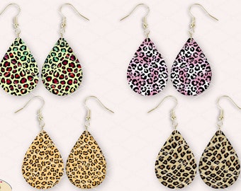 Teardrop Sublimation 4 Pairs Earrings Designs, Leopards Animal Prints Patterns Design, 300 DPI, 4 PNG Files on individual and on full sheet