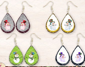 Teardrop Sublimation 4 Pair Earring Designs, Christmas Snowman Glitter Patterns, 300 DPI, 4 PNG Files on individual and on full sheet