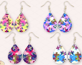 Teardrop Sublimation 4 Pairs Earrings Designs, Watercolor Autism Patterns Design, 300 DPI, 4 PNG Files on individual and on full sheet
