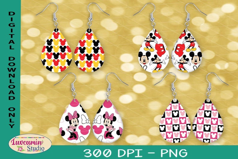 Teardrop Sublimation 4 Pairs Earrings Designs, Inspire Mickey Mini Mouse Pattern Design 300 DPI, 8 PNG Files on individual and on full sheet image 1