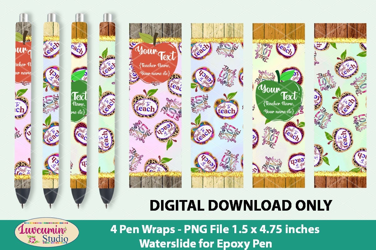 4 Pen Wraps Teach Love Inspire Apple Pattern Design, Add Text