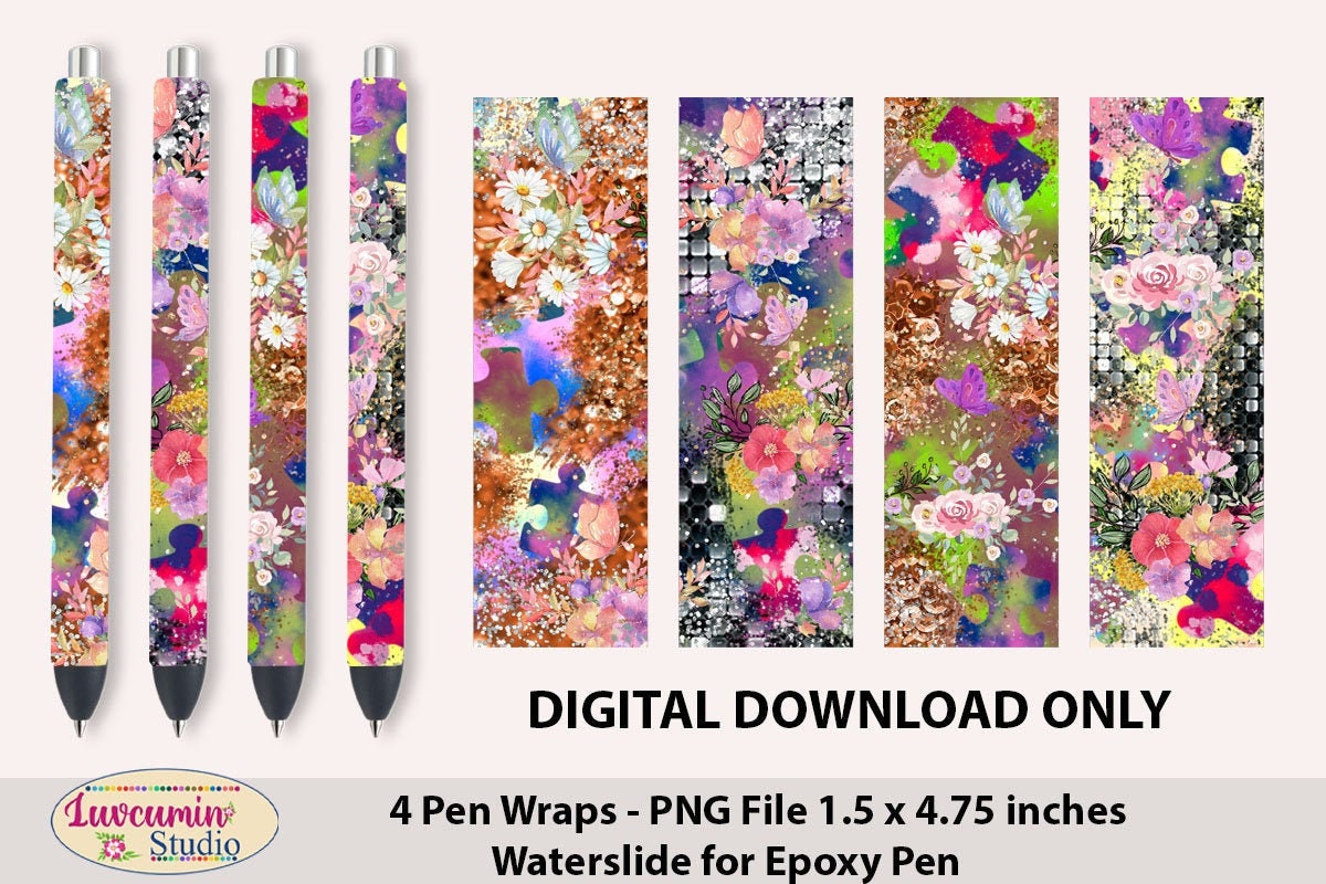 Pen Wraps Autism Butterflies Flowers Glitter design, waterslide epoxy pen wraps, 4 Designs PNG Files on individual & on full sheet, 300 DPI