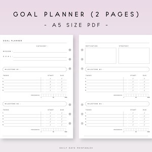 Printable Goal Planner Inserts A5 | Printable Goal Setting Template PDF | Goal Plan Worksheets A5 Printable | Productive Goal Planner Pages