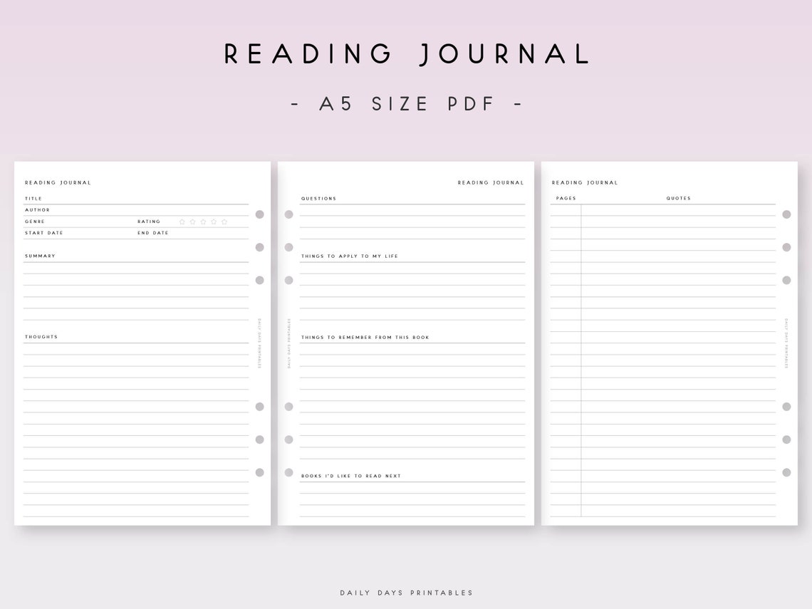 Printable Reading Journal Insert A5 Book Review Template A5 Book Journal Spreads Reading