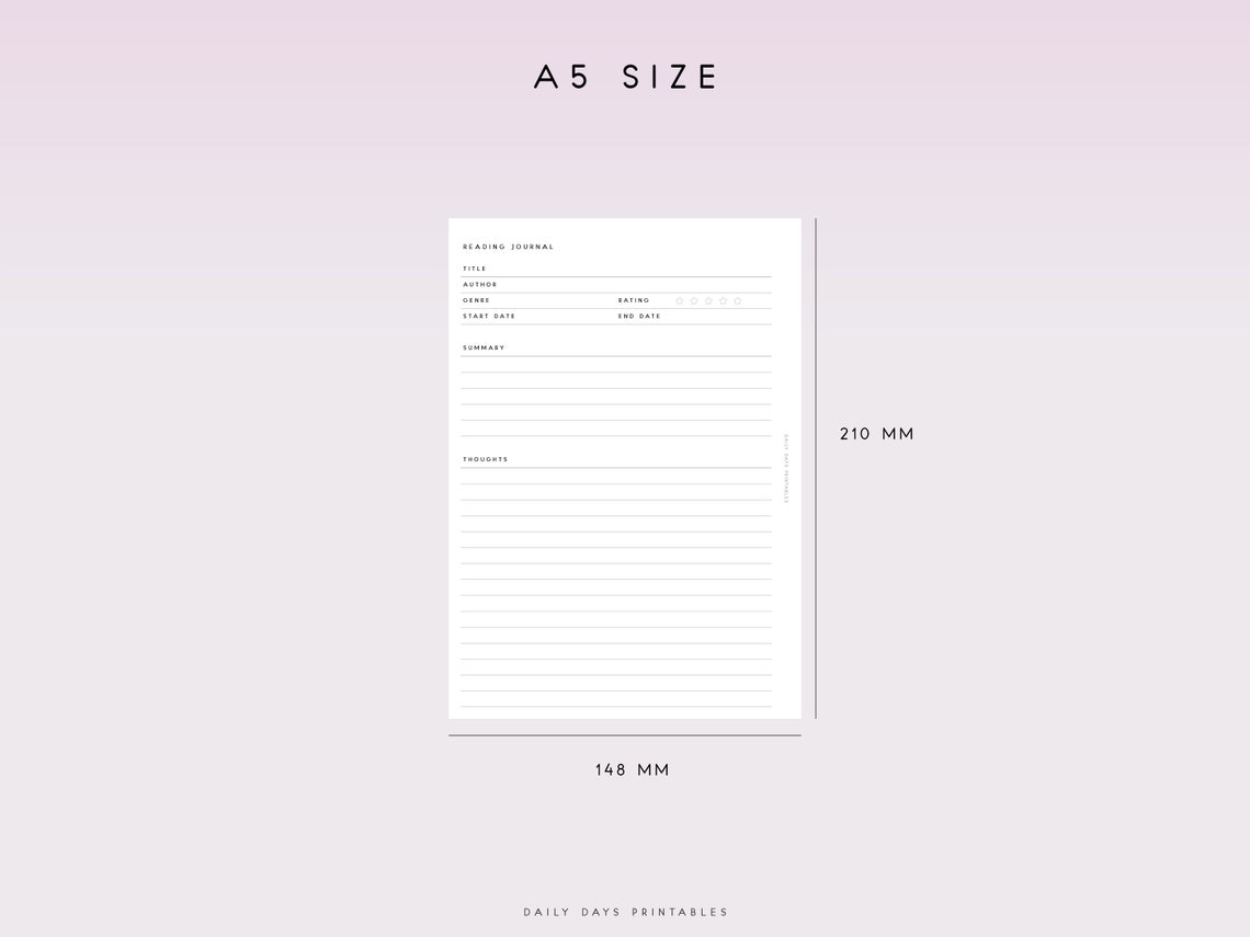 Printable Reading Journal Insert A5 | Book Review Template A5 | Book ...