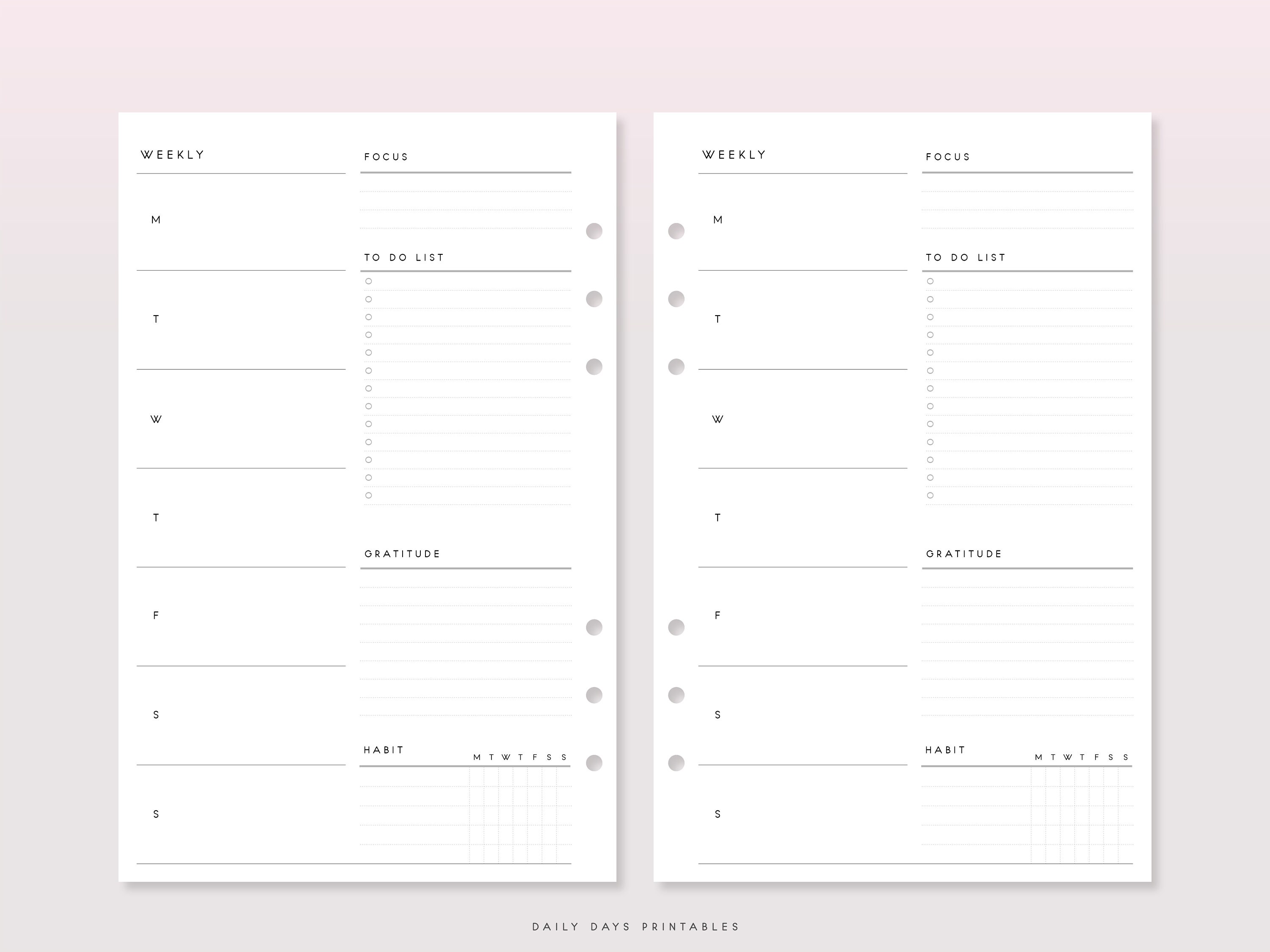 Undated Weekly Planner Half Printable Inserts Half Letter Week on One ...