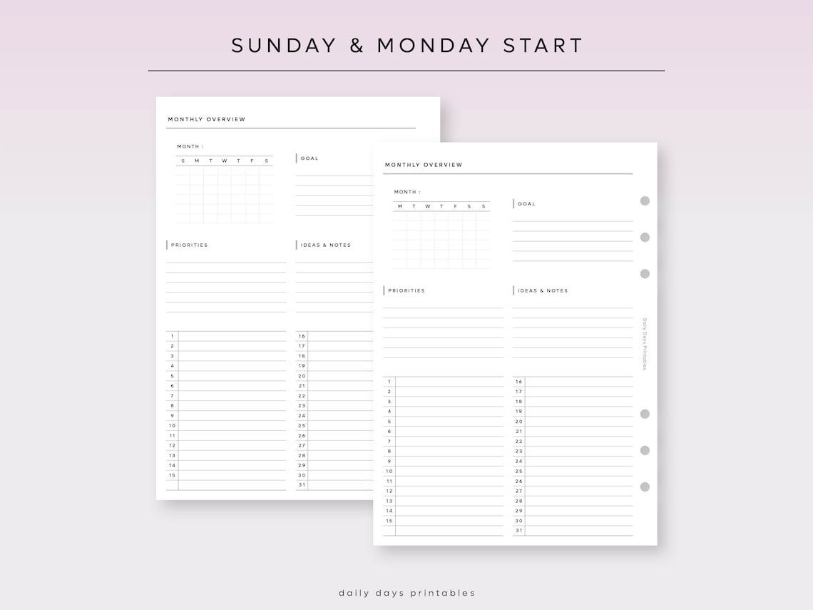 Undated Monthly Overview A5 Size Printable Monthly Planner Inserts A5 ...