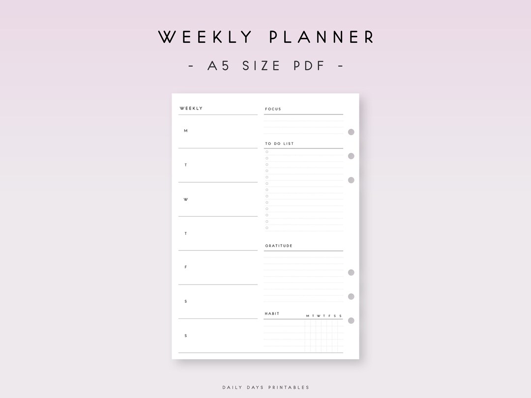 Weekly Planner A5 Printable Week on One Page Printable Planner Inserts ...