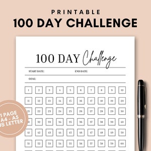 Printable 100 Day Habit Tracker, 100 Days Challenge, Minimal Habit Tracker Template, Daily Goal Planner, Goal Setting, Passion Tracker