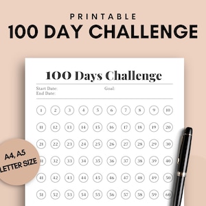 Printable 100 Day Habit Tracker, 100 Days Challenge, Minimal Habit Tracker Template, Daily Goal Planner, Goal Setting, Passion Tracker