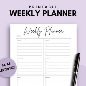 Printable Weekly Planner, Day Planner, Work Planner, To-Do List, Organizer, Undated Planner, PDF, A4, A5, Letter Size