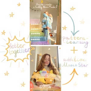 Könnte beinhalten: Eine bunte Illustration eines Nessie-Monster-Häkelmusters mit dem Text "Wie man ein kuscheliges Nessie-Monster erstellt?" und "besser zusammen". Die Illustration zeigt eine Person, die ein fertiges Nessie-Monster-Häkelprojekt hält. Die Illustration enthält auch eine Liste der Schritte zur Erstellung des Projekts, darunter "Komplexität", "Zeit", "Geduld" und "Achtsamkeit".