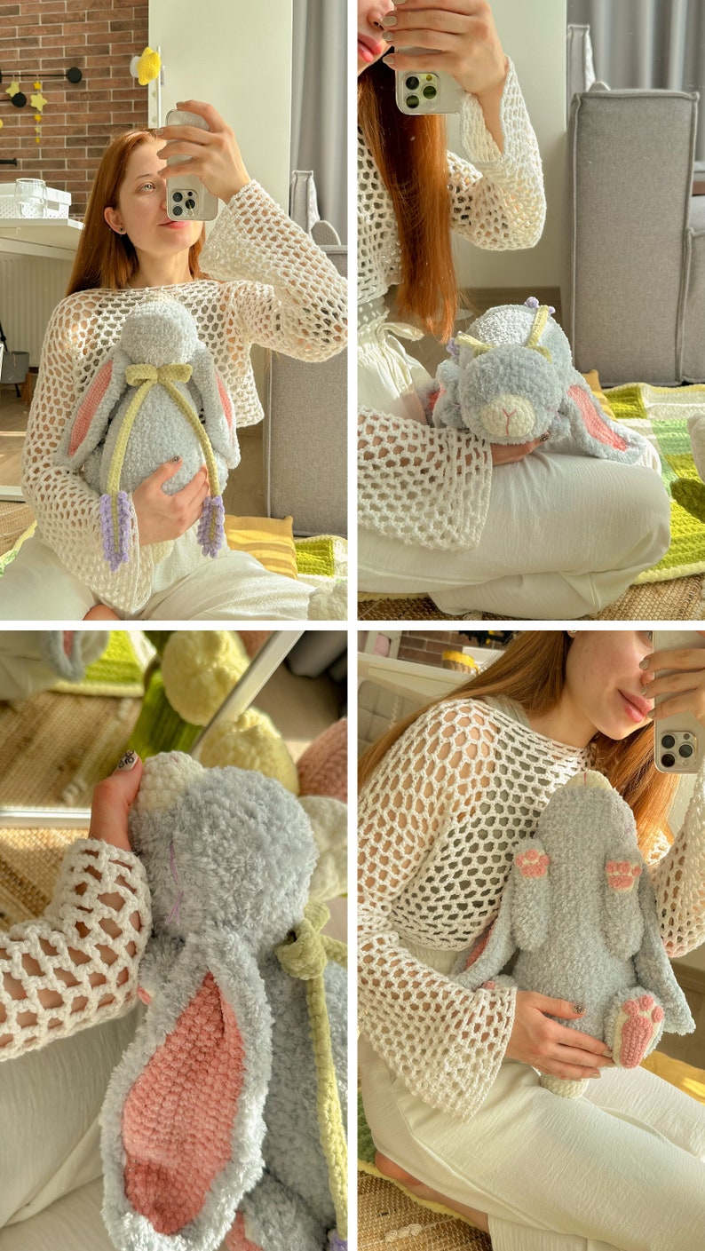 Apprentissage de patrons pour crocheter un monstre lapin câlin avec trois motifs de nœuds floraux image 7