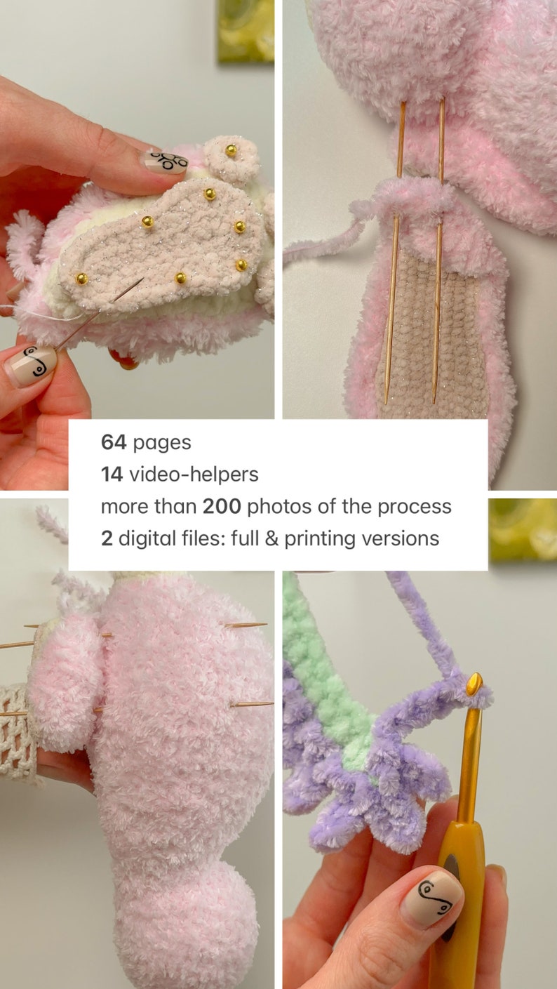 Apprentissage de patrons pour crocheter un monstre lapin câlin avec trois motifs de nœuds floraux image 4