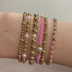 Pink and Gold Beaded Bracelet Stack | 14K Gold Plated Stretch Bracelets | Coquette Jewelry | Handmade Bracelet Set for Women