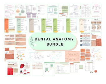 May include: A digital download bundle of 25 printable dental anatomy charts. The charts are in a minimalist style with peach, green, and brown colors. The title of the bundle is "Dental Anatomy Bundle".