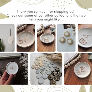 May include: A collage of nine images showcasing various ceramic ring dishes. The dishes feature different designs, including a feather, a floral pattern, a date, and a simple initial. Some dishes have rings on them, while others are empty.
