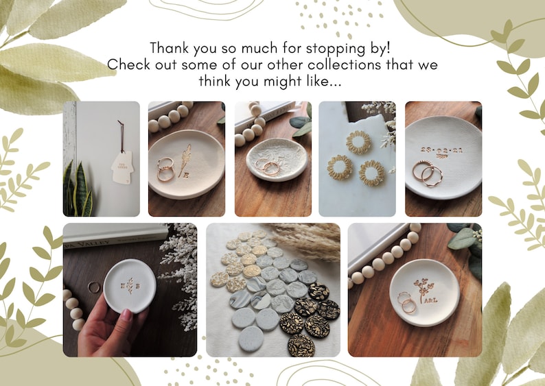May include: A collage of nine images showcasing various ceramic ring dishes. The dishes feature different designs, including a feather, a floral pattern, a date, and a simple initial. Some dishes have rings on them, while others are empty.
