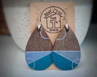 Hand Painted Wooden Earrings- Teal  & Grey, Silver detailing  teardrop shape, geometric style.