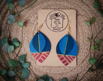 Hand-painted Wooden Earrings Dark Teal lightweight Geometric