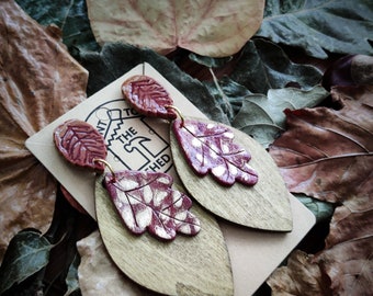 Hand Made  Wooden And Polymer Clay Earrings. Autumnal, Leaf shaped Burgundy and Gold.