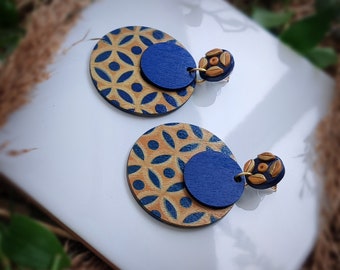 Hand-painted Wood And Polymer Clay Earrings, Blue, Yellow & Gold, lightweight.