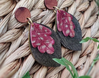 Hand Made  Wooden And Polymer Clay Earrings. Autumnal, Leaf shaped Burgundy, Gold & Walnut