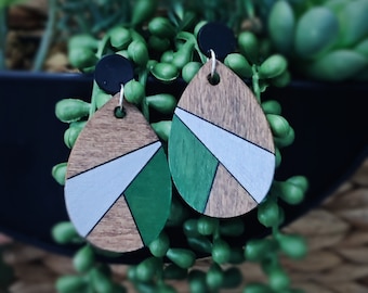 Hand Painted Wooden Earrings, Geometric Style ,Forest Green, Silver & Black