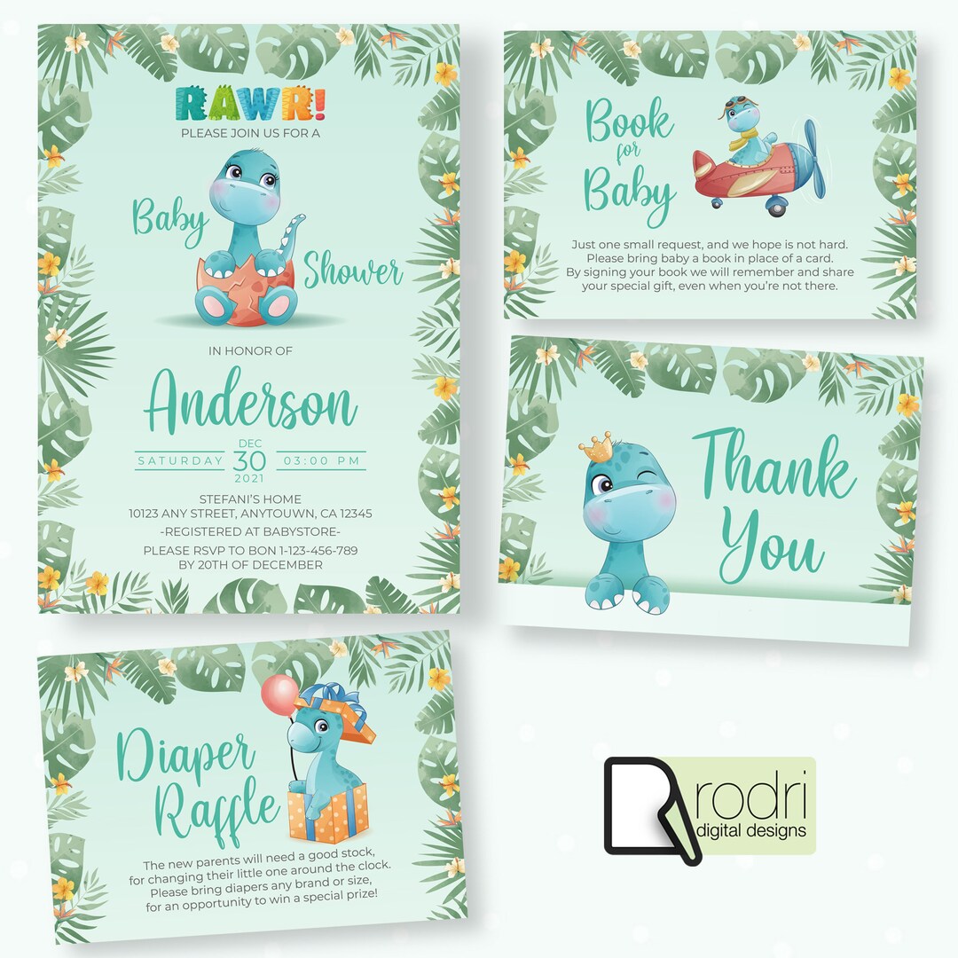 Dinosaur Baby Shower Cards Set invitation Card, Thank You Card, Diaper ...