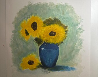 pintura al óleo flores girasoles jarrón