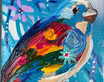 Gevederde Fiesta: origineel mixed media-schilderij op acrylbasis