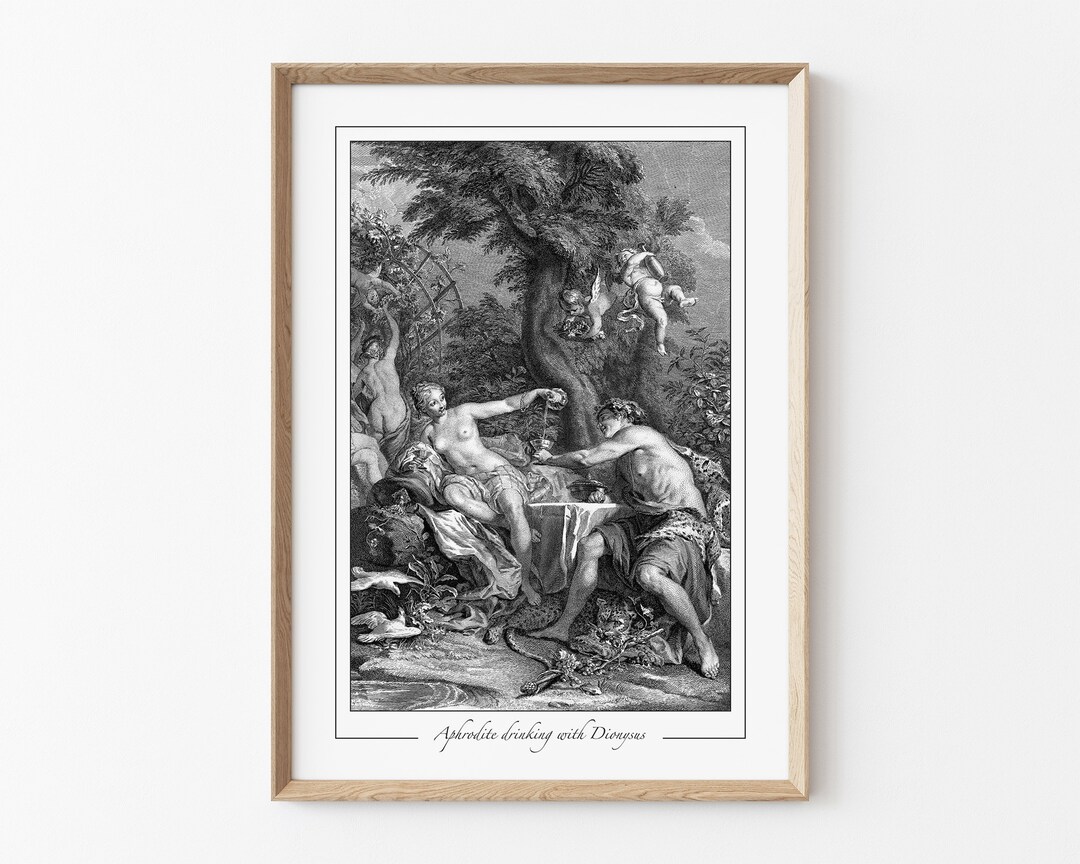 Aphrodite Dionysus Print, Vintage Engraving, Greek Mythology Wine Love