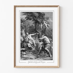 Aphrodite Dionysos Print, Wanddekoration griechische Mythologie, Vintage Gravur Giclée Art, Olympischer Wein, Liebesgott, Dark Academia Home