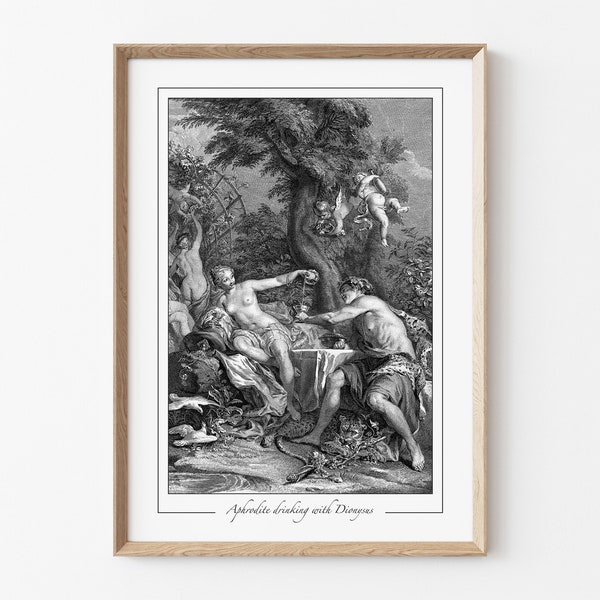 Aphrodite Dionysus Print, Greek Mythology Wall Decor, Vintage Engraving Giclée Art, Olympian Wine Love God Poster, Dark Academia Home