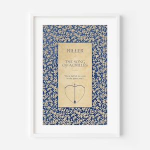 May include: A blue and gold book cover with the title "The Song of Achilles" by Madeline Miller. The cover features a stylized bow and arrow within a heart shape.
