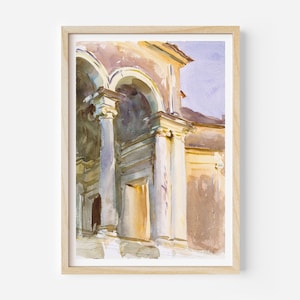 Könnte beinhalten: Aquarellmalerei eines Gebäudes mit Säulen und Bögen, gerahmt in hellem Holz. Das Kunstwerk zeigt eine warme Farbpalette aus Beige-, Gelb- und Lilatönen, mit Fokus auf architektonische Details und Licht und Schatten.